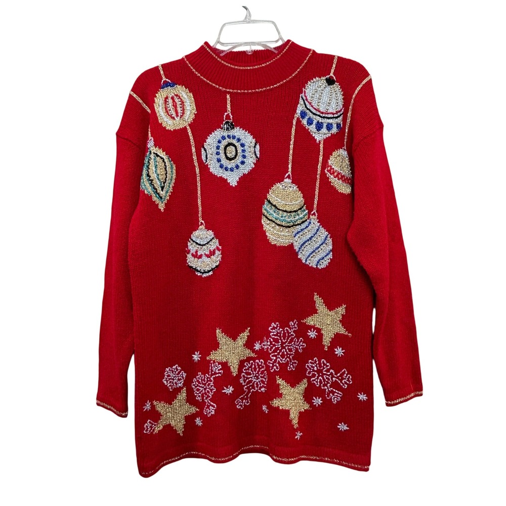 Vintage Christmas Sweater Womens Medium Red Beaded Ornament Star Holiday Party
